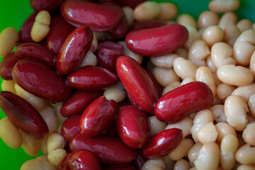 rote und weiße Bohnen einer grünen Kunststoff Schale mit grauem Hintergrund
