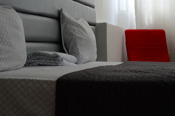 Hotel room interior. Travel room booking.