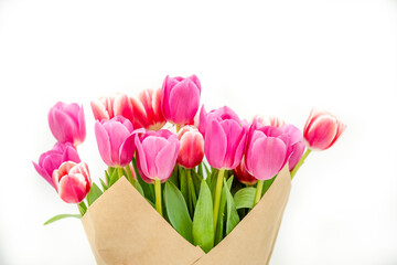 Bouquet of spring pink tulips wrapped in paper for a gift isolated on a white background