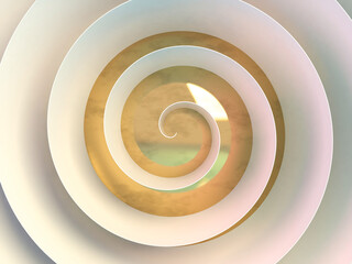 White spiral and shiny brass ball, front view, 3d