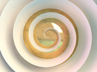 Fototapeta premium White spiral and shiny brass ball, front view, 3d