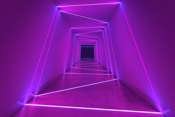 Empty tunnel perspective view purple neon lights