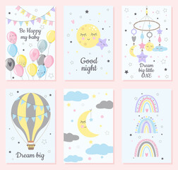 Set of rainbows, baloons, moons, with hearts, clouds, rain in childish scandinavian style style isolated on white and blue background. For kids, posters, prints, cards, fabric, children's books.