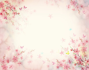 Fototapeta na wymiar Spring pink delicate background with blooming cherry, sakura. Watercolor painting.