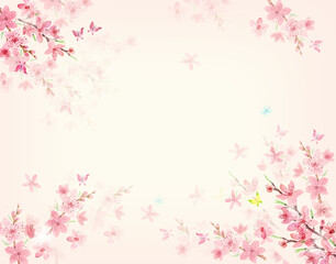 Fototapeta na wymiar Spring pink delicate background with blooming cherry, sakura. Watercolor drawing. Fragrance