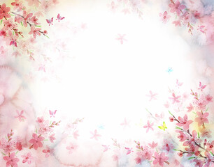 Spring pink delicate background with blooming cherry, sakura. Watercolor drawing. Fragrance