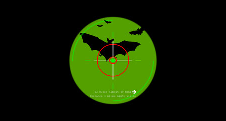 Illustration. Silhouette of bats in the distant viewer. Animals flying in the group. Night vision. Long Range Sniper Telescopes. Accuracy in nocturnal conditions. Reticle in the first focal plane.