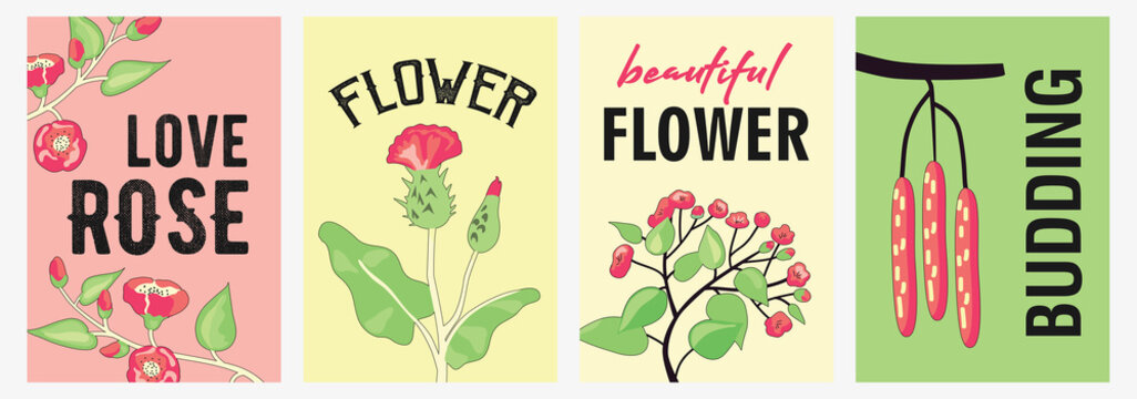 Creative posters design with pretty flowers. Colorful brochures for floral shop with blooming branches. Plants and garden concept. Template for promotional leaflet or flyer