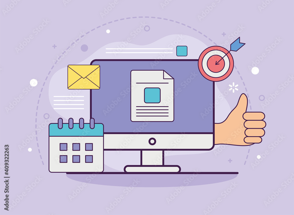 Poster digital marketing computer with calendar and icons vector design