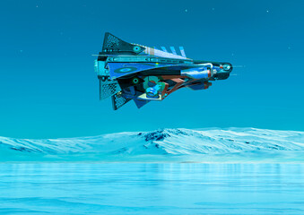 alien space ship is exploring on ice side view