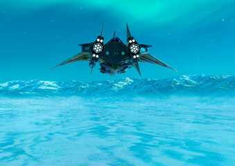 alien space ship is flying on ice planet