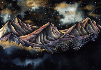 Mountains illustration. Dark gold landscape. Stars. Designed backdrop, an illustration for postcards, posters and other Souvenirs.