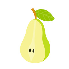 Pear. Half green sweet fruit with a leaf. Natural product. Flat cartoon illustration. Veggie food