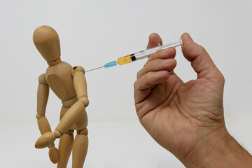 Subjects on a white background depicting the moment of vaccine administration, through a syringe.