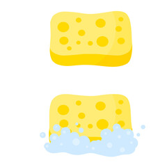 Sponge with foam. Yellow tool for cleaning. Detergent with soap. Set of kitchen and bathroom elements. Flat cartoon illustration