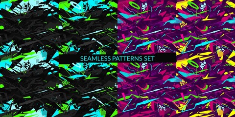 Seamless Cyberpunk Neon Abstract Graffiti Style Patterns Set Vector Illustration Art