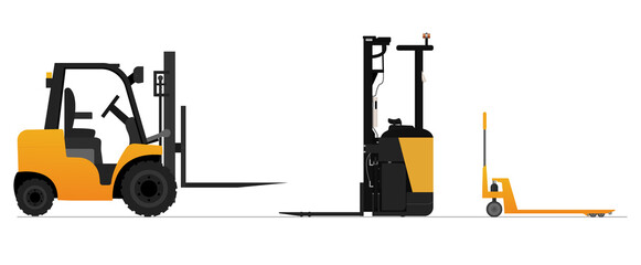 Set from forklift,reach truck and hydraulic trolley. Yellow colors. Warehouse hydraulic equipment for cargo. Cargo delivery, shipping. Stock vector illustration on white isolated background. © Игорь Жуков
