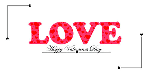 For Valentine's Day, the word love in pale pink, with capital letters on a white background, each letter filled with red hearts of different sizes. happy valentines day at the bottom