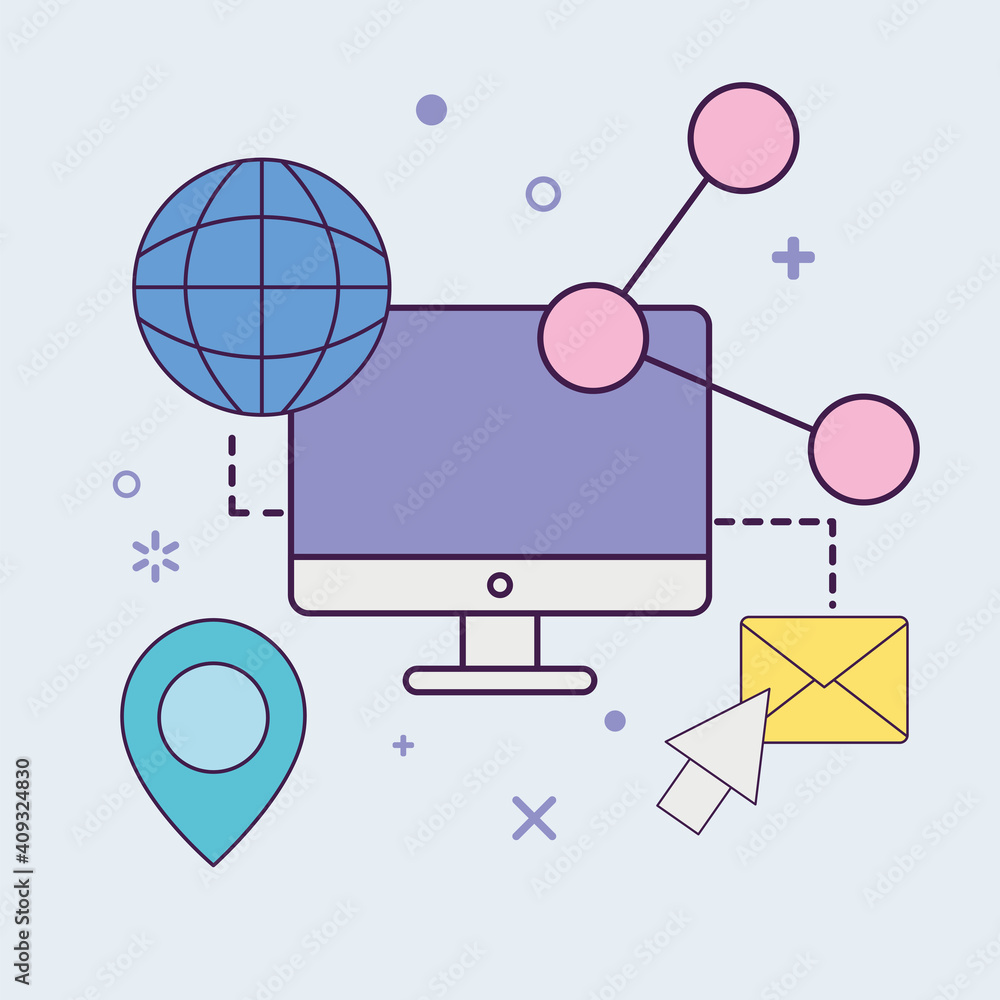 Poster digital marketing computer with icons vector design
