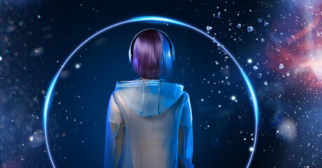 Beautiful woman with purple hair in futuristic costume. Blue and violet neon light. Young girl in...