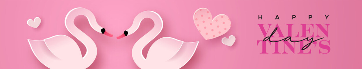 Valentine's Day paper cut pink swan bird banner