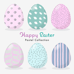 Vector illustration of pastel Easter eggs collection on a grey background. Colourful Happy Easter eggs with different textures set isolated on white background. Editable EPS 10 vector.