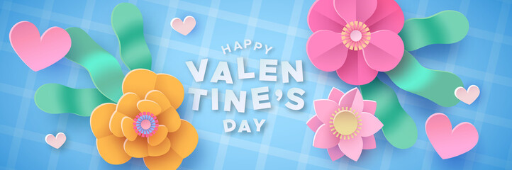 Valentine's Day pink cute paper cut floral banner