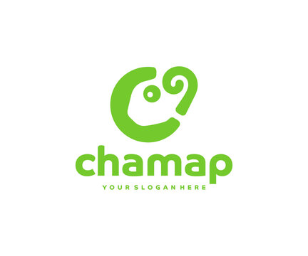 Chameleon lizard logo design. Chameleon map point vector design. Green lizard map marker logotype
