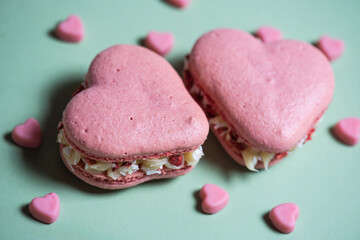 Sweet macaroons in the shape of a heart for Valentine's Day, sweets for Valentine's Day