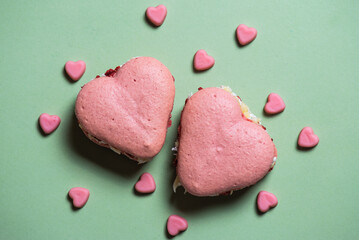 Sweet macaroons in the shape of a heart for Valentine's Day, sweets for Valentine's Day