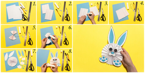 How to make a paper bunny for Easter greetings. Children's art project. DIY concept. Step by step photo instruction collage