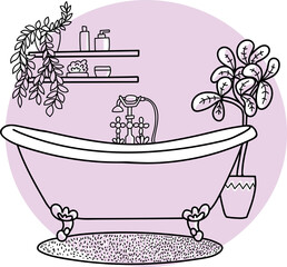 Hand drawn vector illustration of a bathtub. Beautiful bathroom interior doodles isolated on white background.
