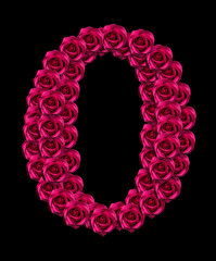 love concept image of number 0 made of pink roses isolated on black background. Design element for love concepts designs