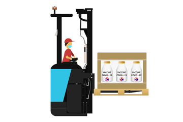 Forklift truck with pallet and box vaccine Covid 19. Cargo delivery, shipping, transportation. Stock flat vector illustration on white isolated background. 