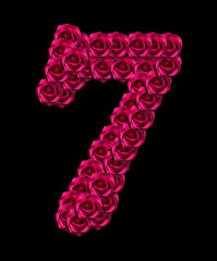 love concept image of number 7 made of pink roses isolated on black background. Design element for love themes