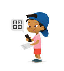 Asian American Boy scanning a code on their phone from a booklet