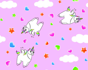 Seamless vector background with cute colored kawaii unicorns in clouds, hearts and stars.