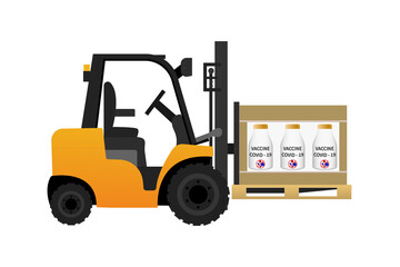 Forklift truck with pallet and box vaccine Covid 19. Cargo delivery, shipping, transportation. Stock flat vector illustration on white isolated background.