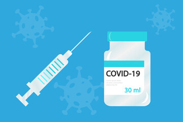 Vector illustration of a vaccine against coronavirus and syringe, vaccination campaign and treatment. All elements are isolated.