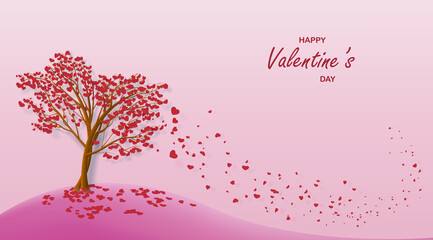 Landscape two trees with leaves in the form of hearts falling from the wind for a card or banner for Valentine's Day