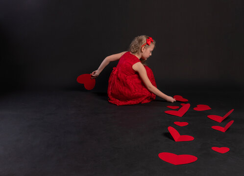 Paper Hearts, Valentine's Day, On The Floor Hearts Lovely. February 14 Honeymoon. Emotion Feeling, Frame In Red Dress Girl, Barefoot