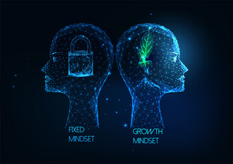 Futuristic Growth mindset VS Fixed mindset concept with low poly human heads with plant and lock - obrazy, fototapety, plakaty