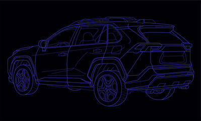 Blue neon modern auto on the black backgroud. Vector line illustration for cards, flyers, catalog, website etc.