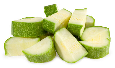 fresh green zucchini or marrow slices isolated on white background. full depth of field. clipping path