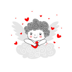 Cute Angel on the cloud, red hearts, Valentines Day design, vector illustartion