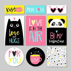 Set of multicolored Valentine s day card with kiss, hearts and cat. Flyer templates with lettering. Typography poster or card, label, banner design collection.