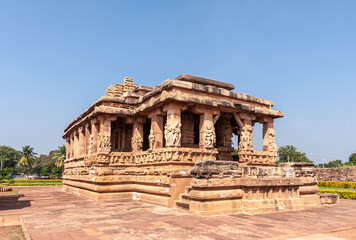 Aihole, Karnataka, India - November 7, 2013: Mandapam side of Brown stone Durga Gudi or Temple...