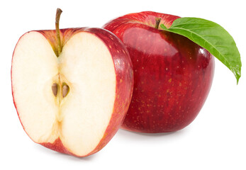 red apple with green leaf isolated on white background. clipping path.