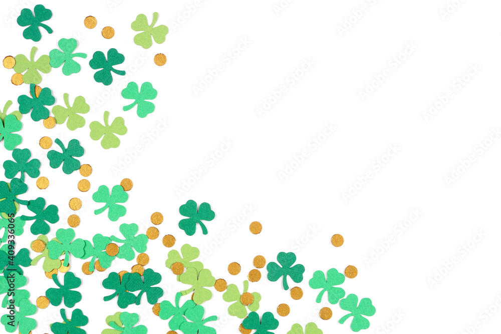 Poster st patricks day shamrock and gold coin confetti corner border isolated on a white background with co