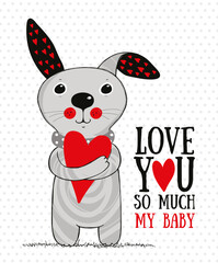 Vector cute rabbit with heart, illustration for valentines day, love
